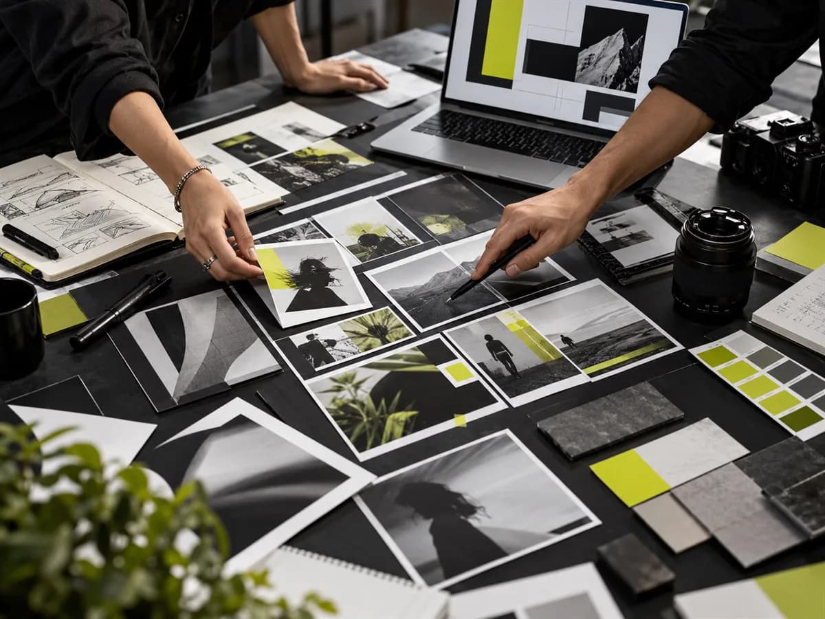 Creative team arranging campaign storyboards, imagery and brand materials