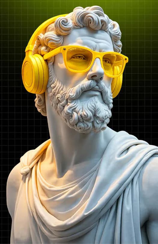 Greek statue wearing yellow headphones and sunglasses